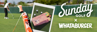 View golf course scene featuring Whataburger Sunday Golf Loma Bag and Burger Bag. Reads Sunday Golf x Whataburger