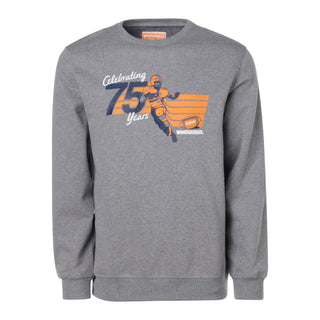 Gray sweatshirt with a graphic celebrating 75 years on a white background