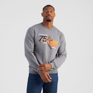 Man wearing a gray sweatshirt with a graphic design on a white background