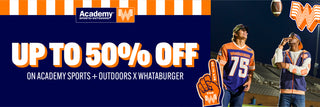 Promotional banner for Academy Sports + Outdoors and Whataburger with discount offer and sports-themed graphics.