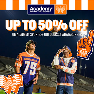 Two people in sports-themed clothing with Academy Sports + Outdoors and Whataburger branding, set against a stadium background.