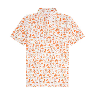 Short-sleeve shirt with orange pattern on a white background