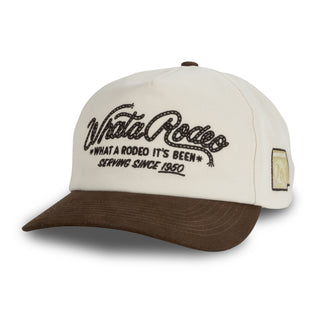White and brown cap with text and logo on a white background