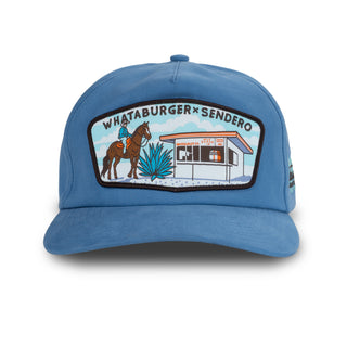 Blue cap with a patch featuring a horse, Original Whataburger stand, and cactus design on a white background