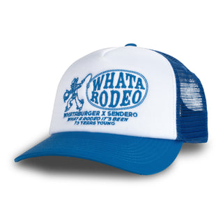 Blue and white cap with 'Whata Rodeo' text on a white background