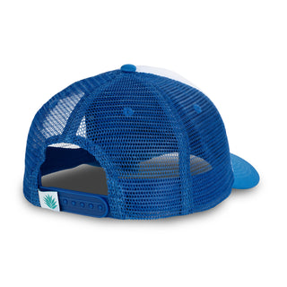 Blue mesh cap with a small logo on the side against a white background