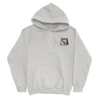 Gray hoodie with a logo on the chest against a white background