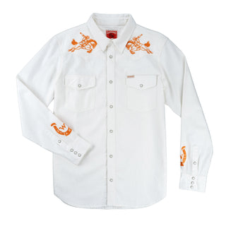 White shirt with orange embroidery on a white background