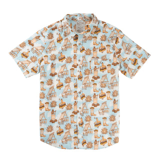 Short-sleeve shirt with Rodeo-themed pattern on a light blue background