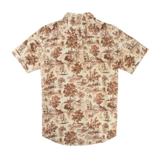 Short-sleeve shirt with vintage-style brown pattern on a white background