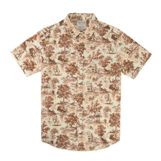 Short-sleeve shirt with vintage-style brown pattern on a white background