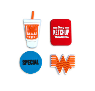 View Fancy Shoe Charm Pack Featuring Blue Special Day Dot, Flying W, Cup, and Fancy Ketchup Charms