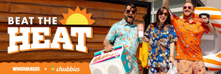 View 3 people wearing Whataburger x Chubbies gear. Reads Beat the Heat. Whataburger x Chubbies.