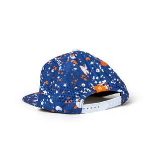 View side of blue drip staunch collection hat