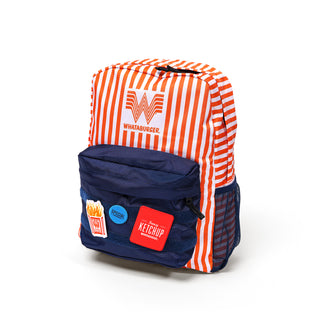 Side-angled view of the Whataburger Striped Patch Backpack with bold orange and white stripes, a navy-blue pocket decorated with Whataburger-themed patches, and mesh side pockets for extra storage.