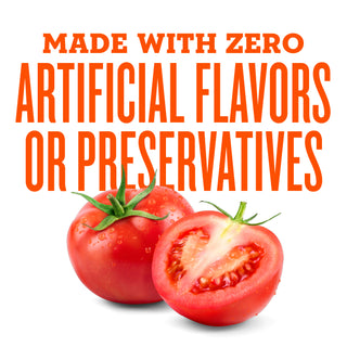 Tomatoes with a half-cut tomato on a white background and text about artificial flavors and preservatives.