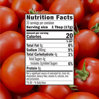 Nutrition facts label for a product with a background of tomatoes