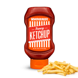 Whataburger Fancy Ketchup bottle with French fries on a white background