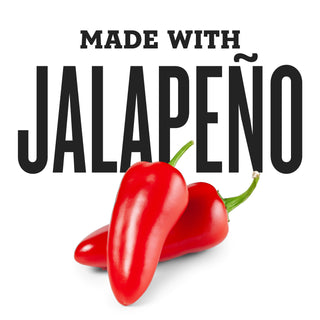 Red jalapeño peppers with text 'Made with Jalapeño' on a white background