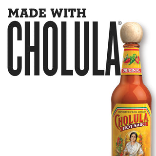 Bottle of Cholula hot sauce with text 'Made with Cholula' on a white background