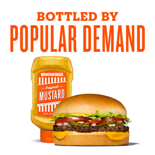 Bottle of mustard and a Whataburger with 'Bottled by Popular Demand' text on a white background