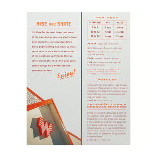 Vintage-style breakfast menu with pancakes and waffles recipes and a Wawa logo.