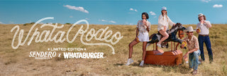 Promotional banner for 'WhataRodeo: Limited-Edition Sendero Provisions x Whataburger' featuring people in a desert setting wearing the collaboration merch.