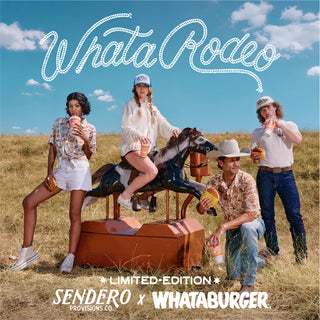 Promotional banner for 'WhataRodeo: Limited-Edition Sendero Provisions x Whataburger' featuring people in a desert setting wearing the collaboration merch.