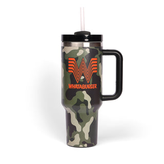 Camouflage-patterned travel mug with Whataburger logo on a white background