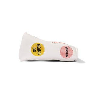 White blade putter cover with 'No Onion' and 'Ketchup' day dots on a white background