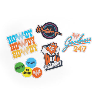 Collection of colorful stickers with various designs and text on a white background