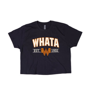 Navy blue t-shirt with 'WHATA' text and logo on a white background