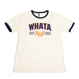 White t-shirt with 'WHATA' text and design on a white background