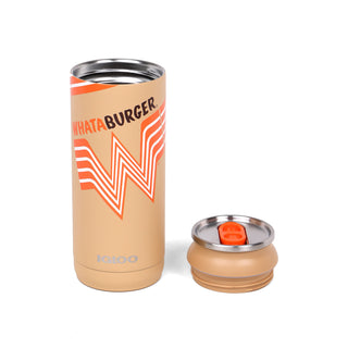 On-White Photo of Whataburger Igloo 80's Can Tumbler with lid removed and to the side