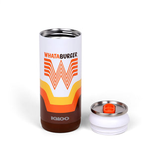 On-White Photo of Whataburger Igloo 70's Can Tumbler with lid removed and to side