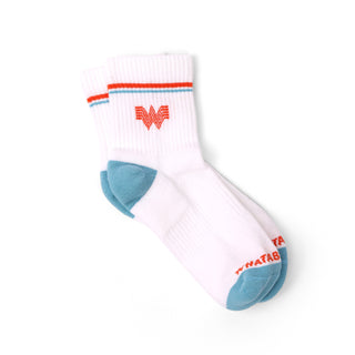 White sock with Whataburger logo and orange and blue stripes on a white background