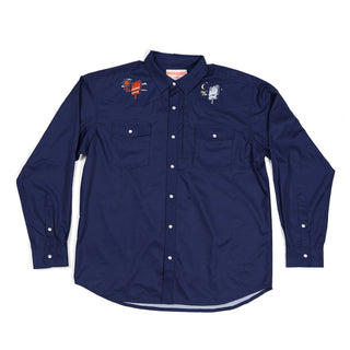 Navy blue shirt with embroidered designs on a white background