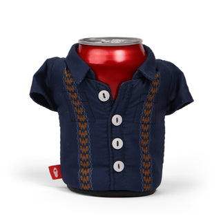 Navy blue shirt-shaped can cooler with a red can inside on a white background