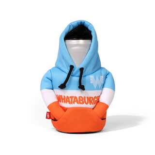 Canned drink with a blue and orange Puffin hoodie featuring 'Whataburger' branding on a white background.