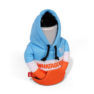 Canned drink with a blue and orange Puffin hoodie featuring 'Whataburger' branding on a white background.
