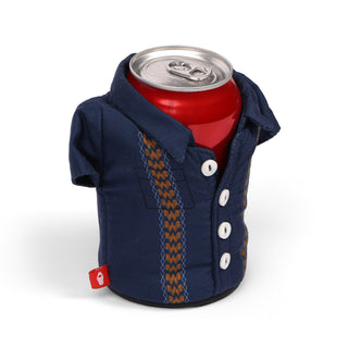 Red can in a navy blue shirt-shaped can cooler on a white background
