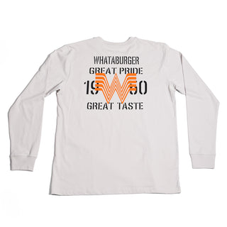 White long-sleeve shirt with text and graphics on a white background