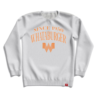 White sweatshirt with orange text and logo on a white background