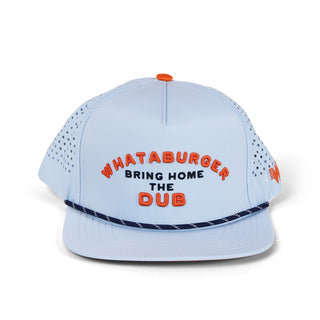 Light blue baseball cap with text 'WHATABURGER Bring Home The Dub' on a white background