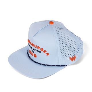 Light blue cap with orange text and branding on a white background