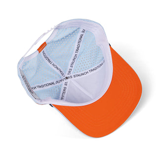 Orange cap with a white visor featuring text on a white background