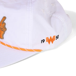 White cap with orange accents and logo on a white background