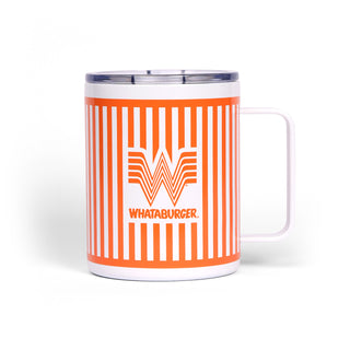 Whataburger travel mug with orange and white design on a white background