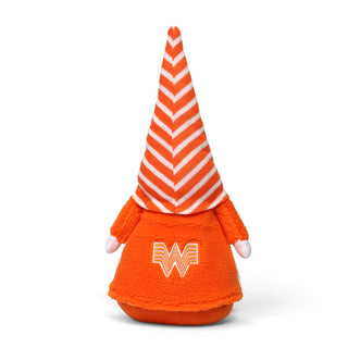 Orange gnome with a striped hat on a white background