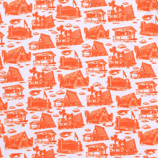 Pattern of orange Whataburger historic buildings on a white background